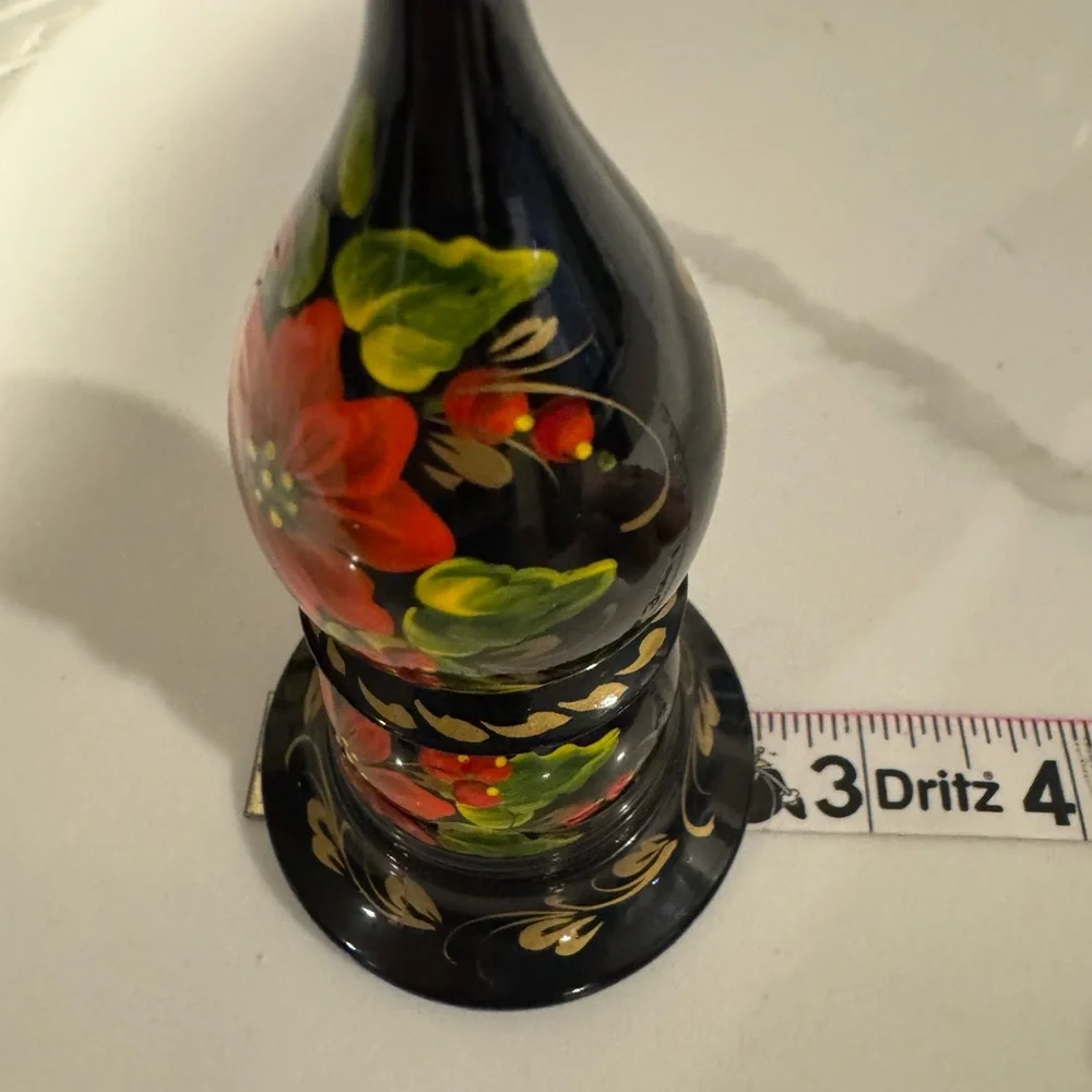 Ukrainian Hand Painted Signed Floral Candlestick Holder Vintage